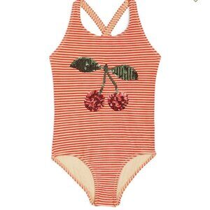Konges Slojd Jade Cherry Swimsuit Girls Size 2 Sequins Stripes One Piece